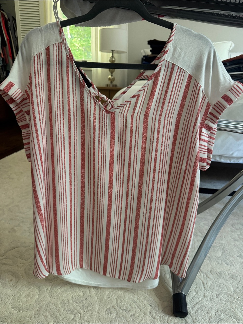 Striped V-Neck Short Sleeve Blouse - Red & White